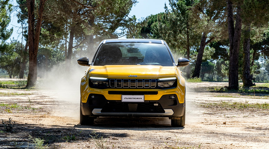 Front of a yellow jeep avenger